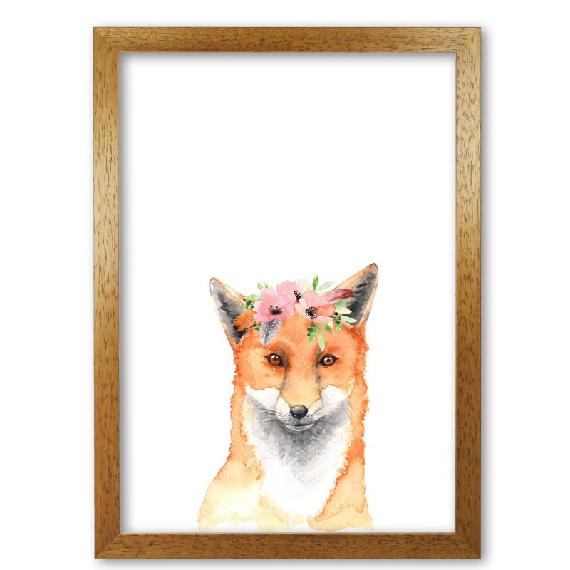 Forest Friends, Floral Fox - Painting, Honey Oak Frame, 42 cm H x 30 cm W x 5 cm D