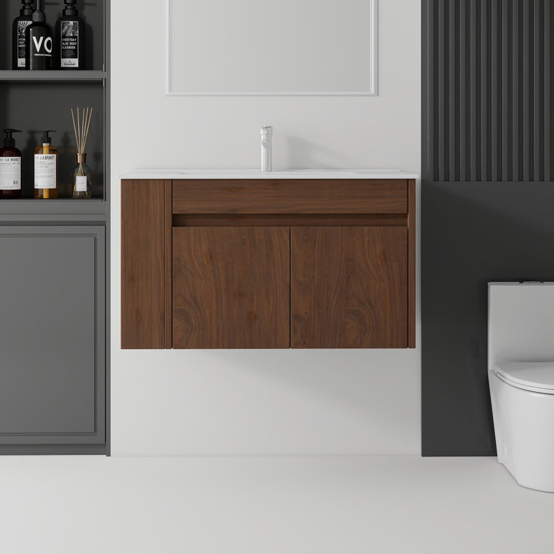 Meuble-lavabo suspendu de 91 cm (36 po) avec lavabo en céramique, armoire en contreplaqué, 2 portes à fermeture amortie, compartiment de rangement latéral, brun