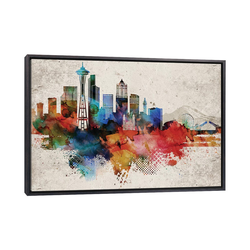 Seattle - impression d'art graphique abstrait, H 18 po x l 26 po x P 1,5 po, Toile avec cadre noir patiné, Aucun mat