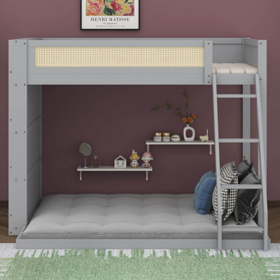 Wood Bunk Loft Bed Frame With Rattan Guardrail, Modern 4-Tier Bookshelf Integrated LED Lighting