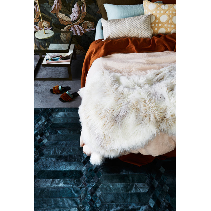 Largo Cowhide Geometric Area Rug in Teal, Rectangle 6'7" x 9'8"