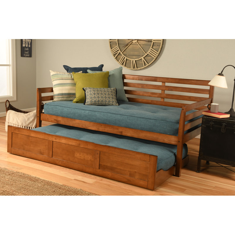 Lit de jour simple en bois massif avec lit gigogne et matelas Alhamdi, Barbade, Lin turquoise