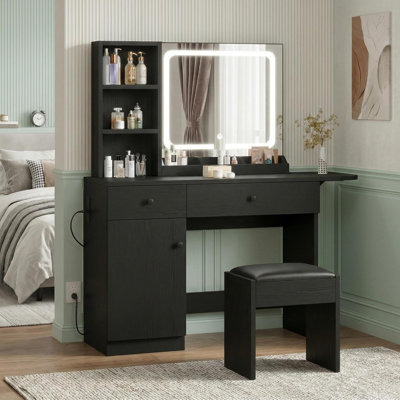 Bureau de maquillage avec miroir, coiffeuse avec prise de courant et fauteuil de rangement, coiffeuse moderne avec tiroirs et tablettes pour la chambre à coucher, noir