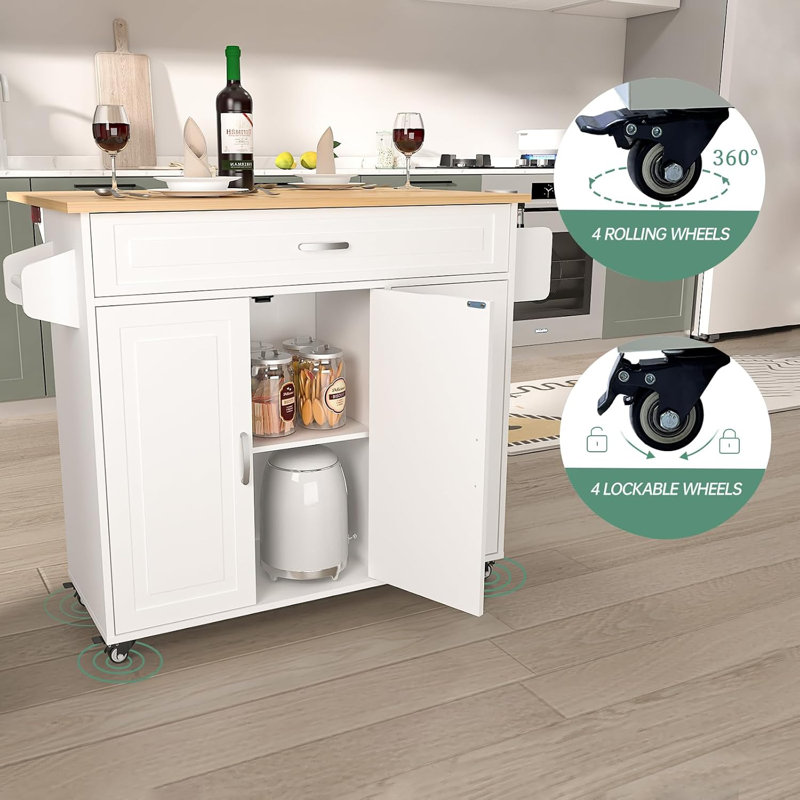 White Engineered Wood Kitchen Cart with Drop Leaf and Spice Rack