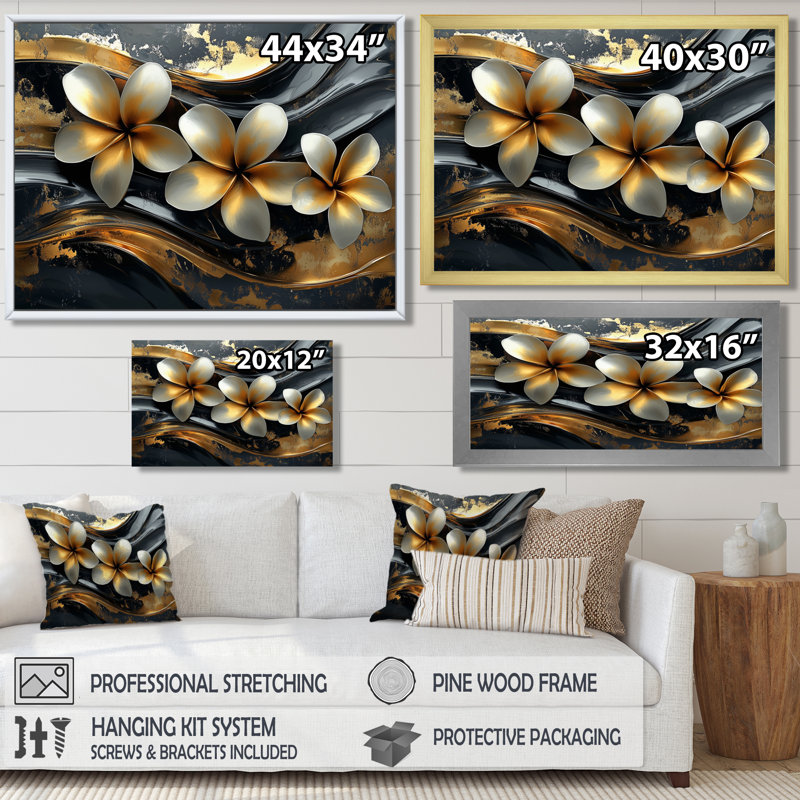 Golden River Of Plumeria Blossom I - décoration murale Plumeria, H 12 po x l 20 po, Encadrement argenté