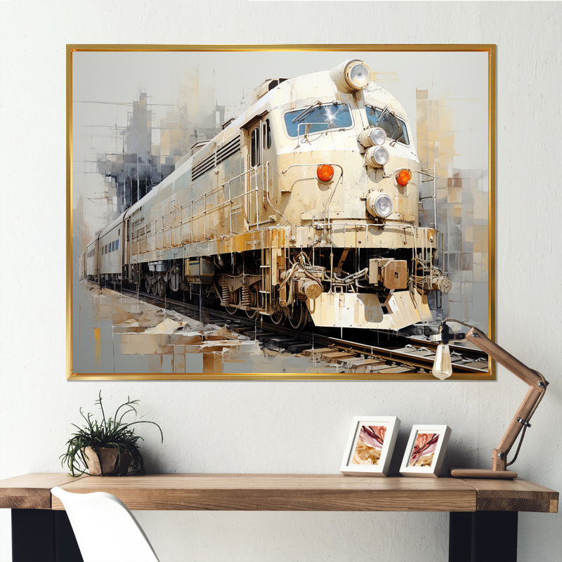 Rêve de train rétro blanc I, Cadre flottant doré, H 30 po x l 40 po x P 1,5 po