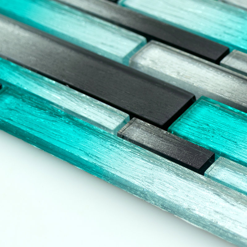 Foil Random Sized Interlocking Glass Mosaic Tile, Aqua Blue/Dark Gray