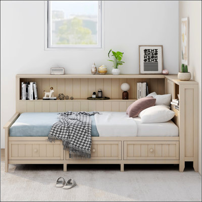 Lit de jour simple avec tablettes de rangement et 3 tiroirs