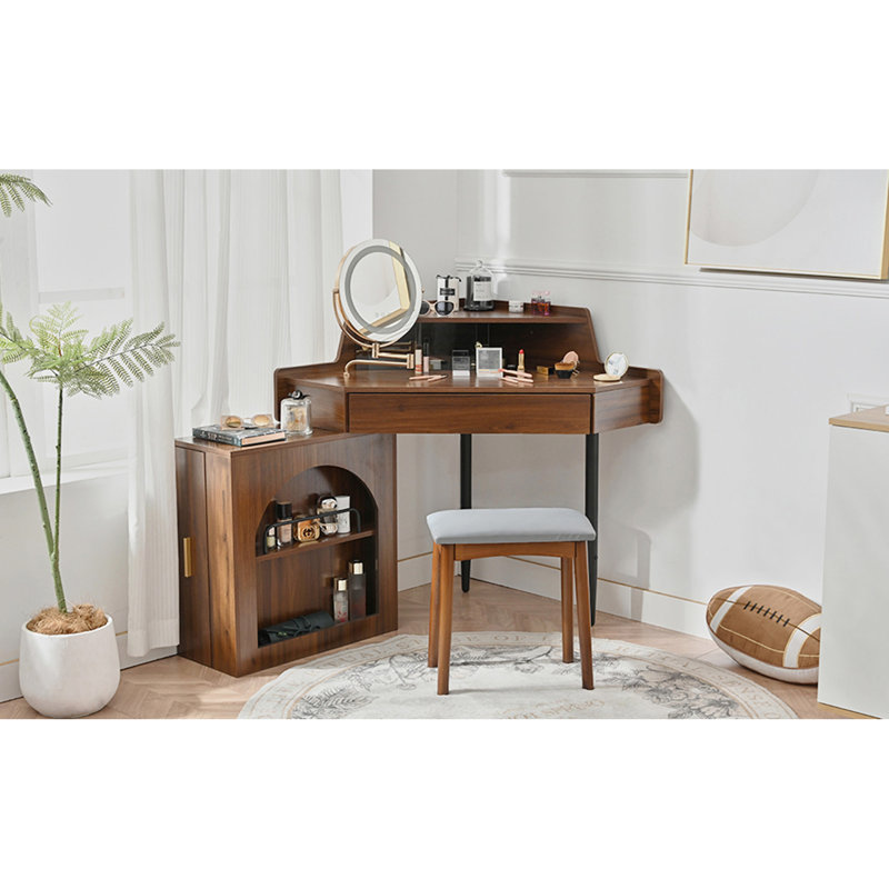 Corner Makeup Vanity Desk With Mirror & LED Lights, Modern Vanity Set With Mirror And Stool, Dressing Table With Large Storage For Small Place, Brightness Adjustable Folding Mirror, Walnut
