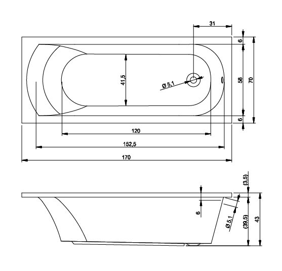 x 800mm Soaking Acrylic Bathtub, 80cm H x 180cm L x 80cm D