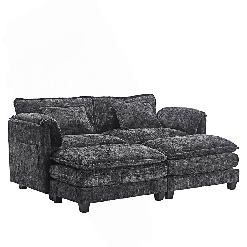 Zuri Upholstered 2-Seater Sectional Sofa with Ottomans, Black Chenille