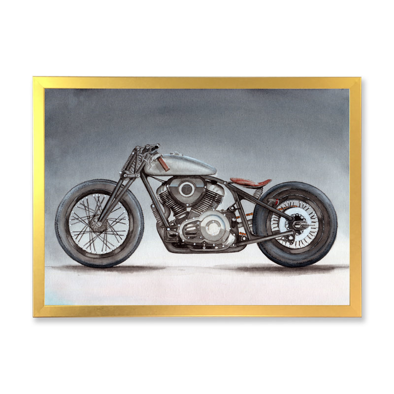 Moto personnalisée sur fond gris - impression sur toile, Encadrement doré, H 24 po x l 32 po x P 1 po