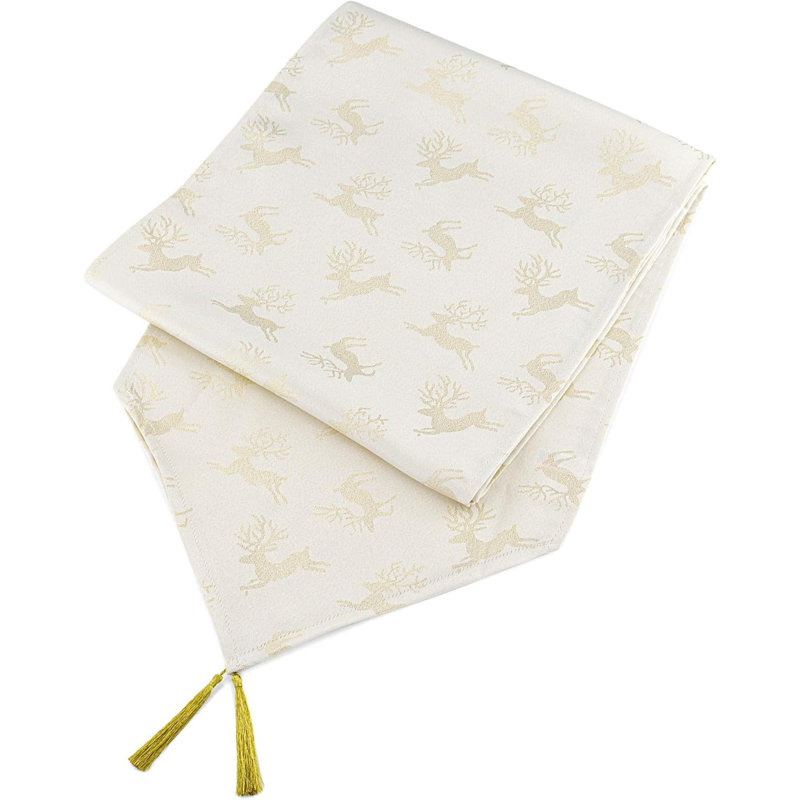 Christmas Deer Design Table Runner 13in, 33cm W x 243cm L, Gold/Cream
