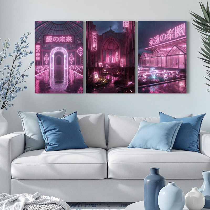 Ensemble de 3 tableaux muraux sur toile « Cathédrale néon rose », H 24 po x l 48 po