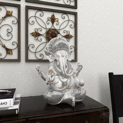 Otego Silver Polystone Meditating Ganesh Sculpture with Engraved Carvings and Relief Detailing