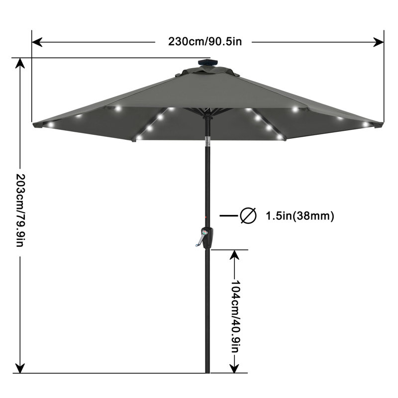 Parasol de marché solaire à DEL Cutshall avec inclinaison et relevage à manivelle, Gris anthracite, 7.5'
