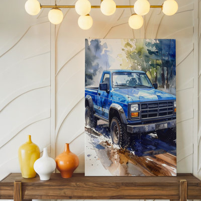Wall Art Blue Pickup Truck Watercolor Dreamlike Off Road Canvas Ready To Hang Gallery Wrapped Home Decor Modern Design Premium Quality