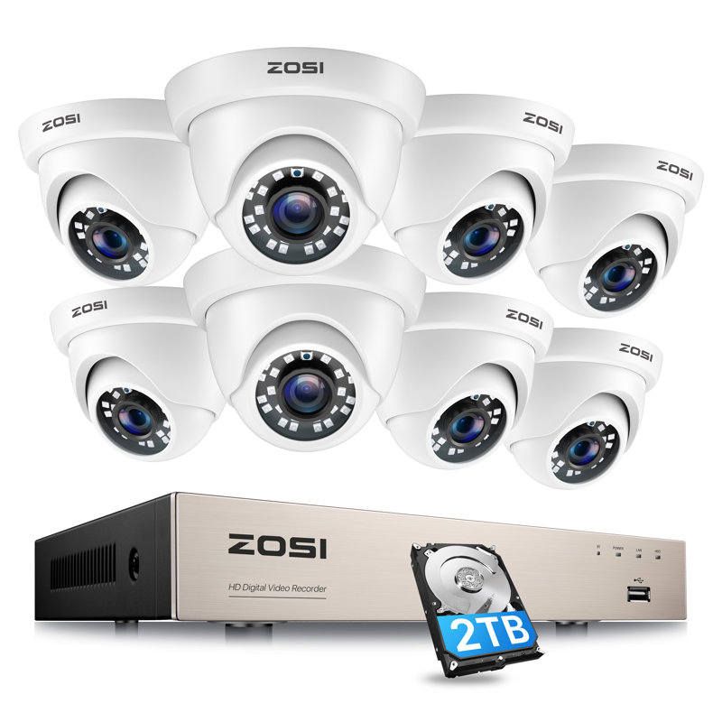 Système de sécurité 8CH 1 080 P avec disque dur 2 To, caméra dôme extérieure 8 x 2MP, détection de mouvement, Blanc