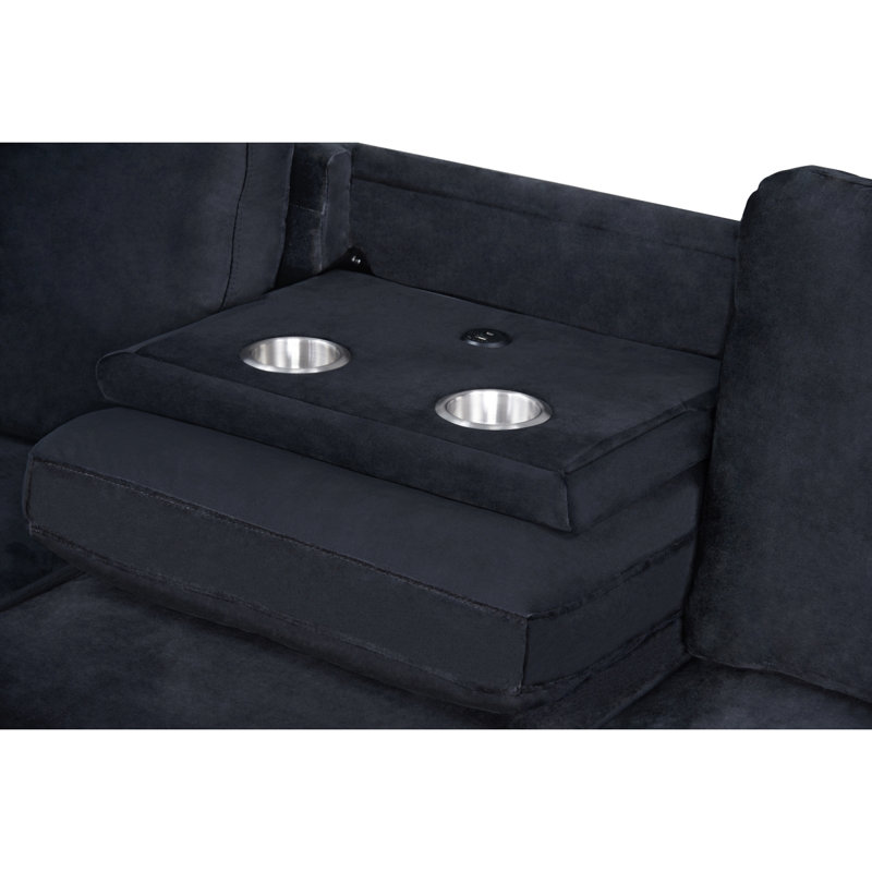Ayla Black Velvet SECTIONAL W/ DROP DOWN TABLE & USB