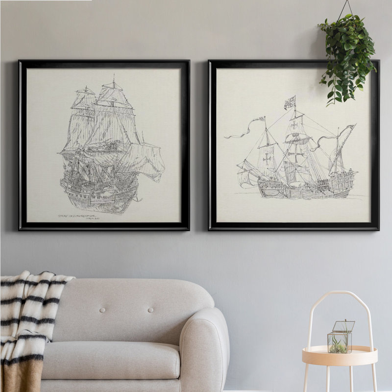 Croquis de bateau antique V, croquis de bateau antique V - ensemble de 2 reproductions de dessins encadrés, Pas de tapis