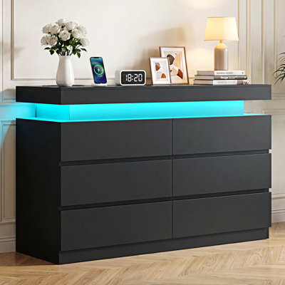 Modern 6 Drawer Dresser with Multi-Color LED Lights & 2 USB Charging Power Outlets, Multi-Functional TV Storage Stand
