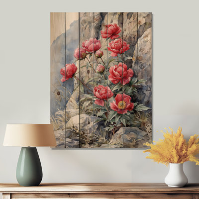 Pivoines par l'affleurement rocheux II - Art mural en bois de pivoines - sur bois de pin naturel