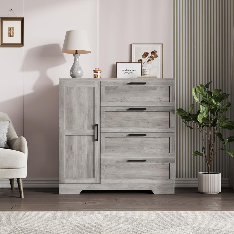 Wood Armoire Wardrobe Closet with 4 Drawers and Door, 43.3" H Bedroom Wardrobe Cabinet with Hanging Rod, Clothing Storage Cabinets, 4 Drawers Dresser with Storage Closet