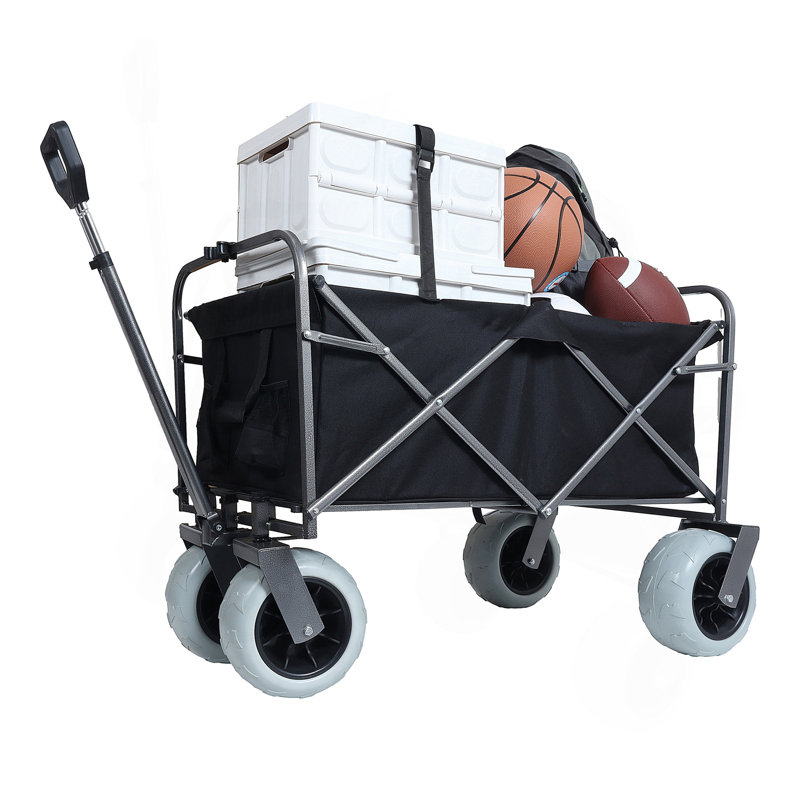 Chariot de plage avec de grandes roues pour le sable Capacité de 500 lb - Chariot tout terrain à structure en acier avec pneus pneumatiques de 9 po, conception pliable pliable, sangle avec sac multiusage, noir