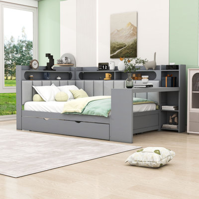 Lit de jour pleine grandeur avec station de rangement et de charge, lit gigogne simple