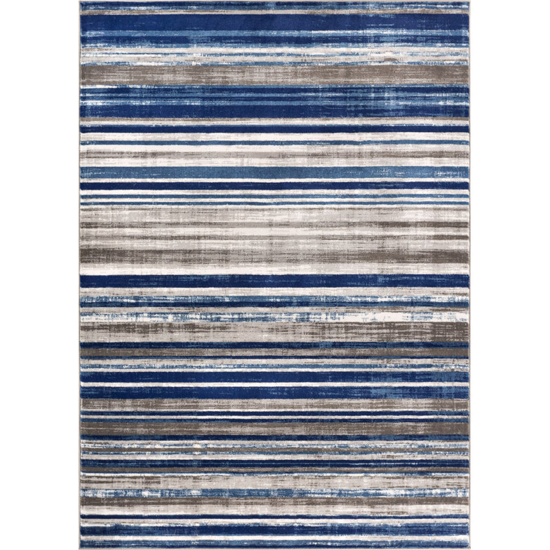 Blue and Beige Striped Synthetic Area Rug, 4' x 5'