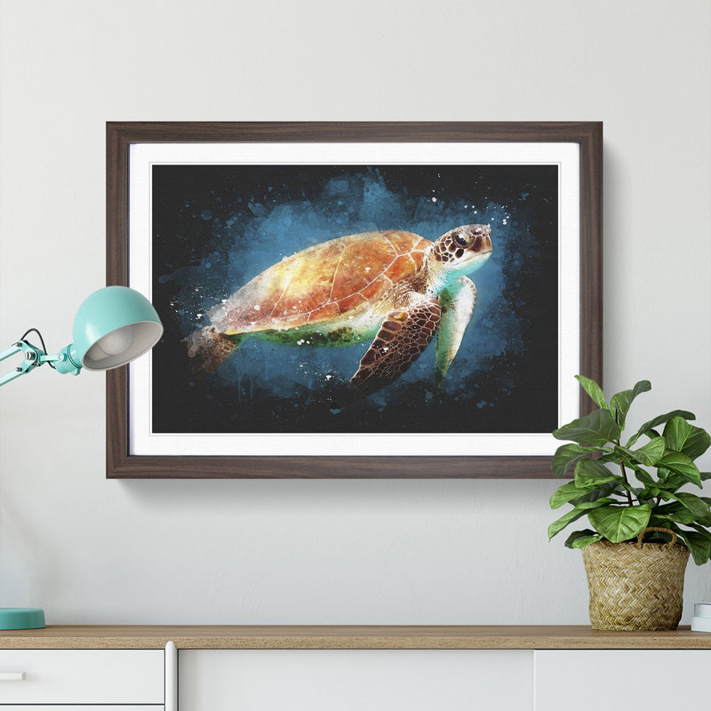 Sea Turtle In The Blue Ocean - Picture Frame Graphic Art, 62cm H x 87cm W x 2cm D, Walnut Framed