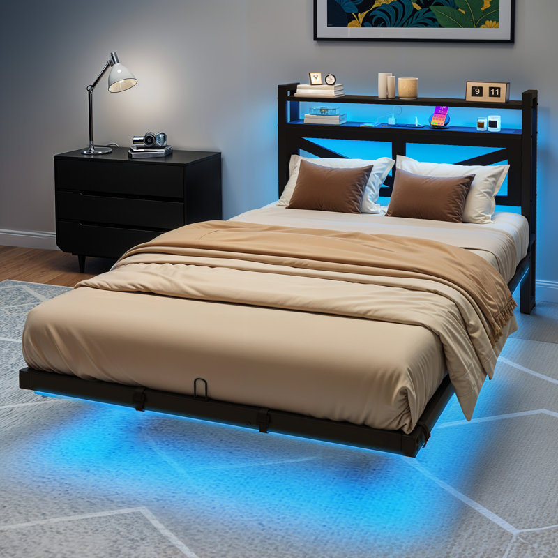 Metal Floating Bed with USB Charging Station and LED Light, Queen