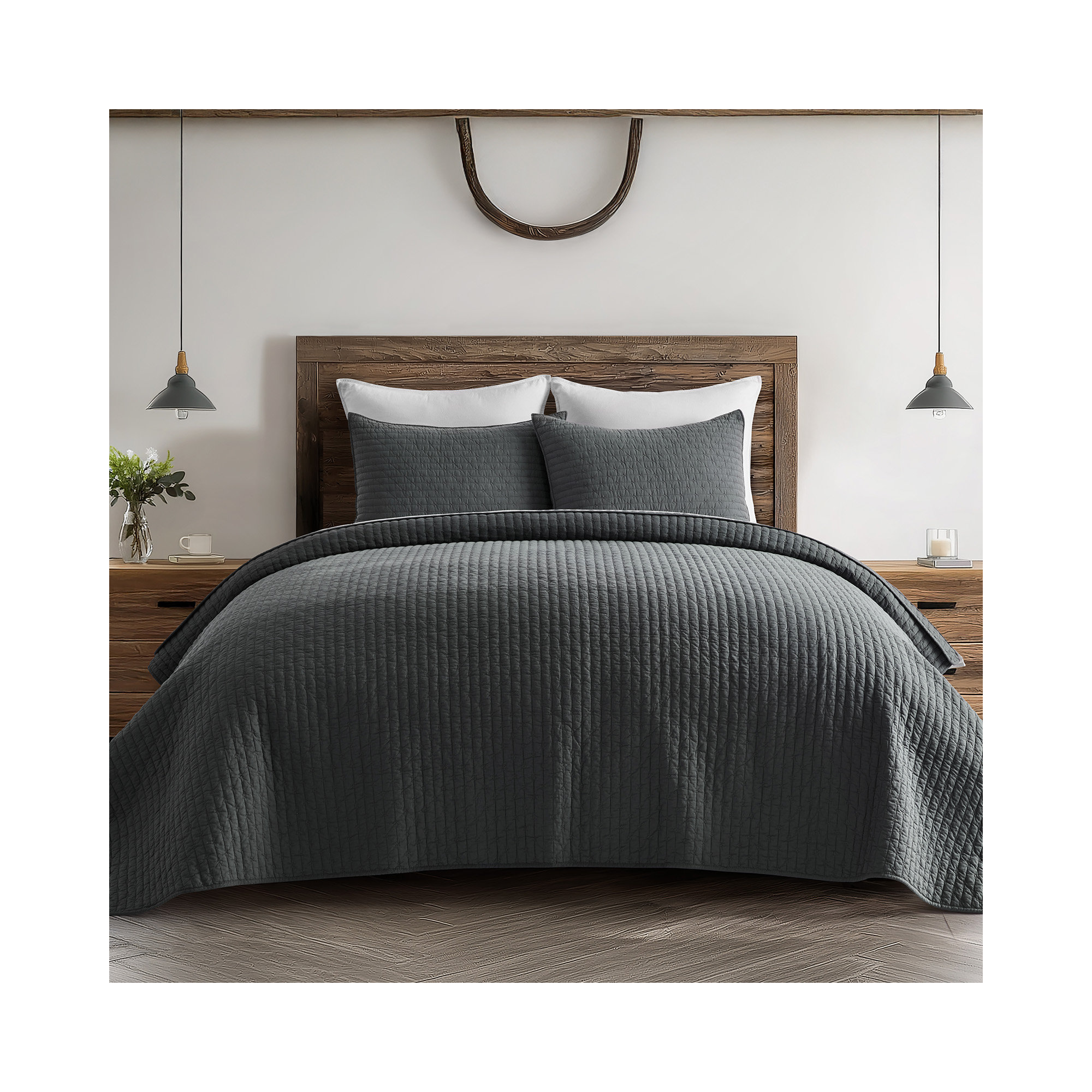 Cross Stitch Cotton Quilt set, King, Charcoal Black