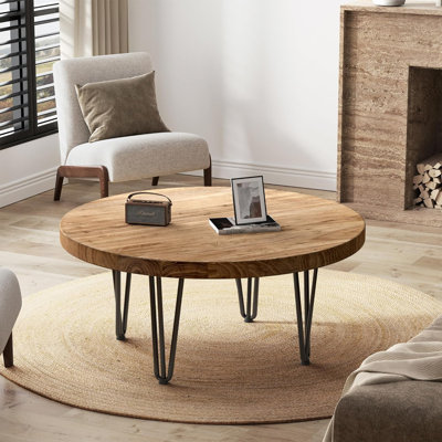 Rustic Wood Round Coffee Table with Metal Legs ,Farmhouse Style for Living Room