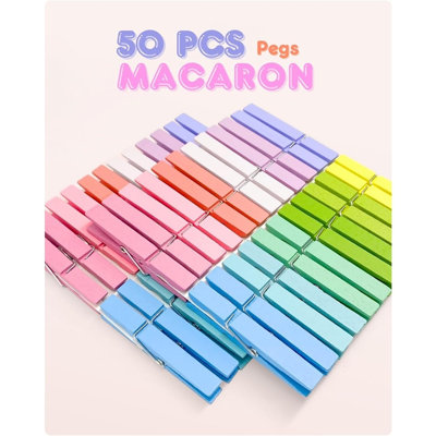 Pastel Macaron Wooden Clothespins, 50-Pack 2.9" Colored Cheer Clips, 10 Assorted Colors for Crafts, Photo Displays, Classroom Decorations & Clothes Hanging Pegs