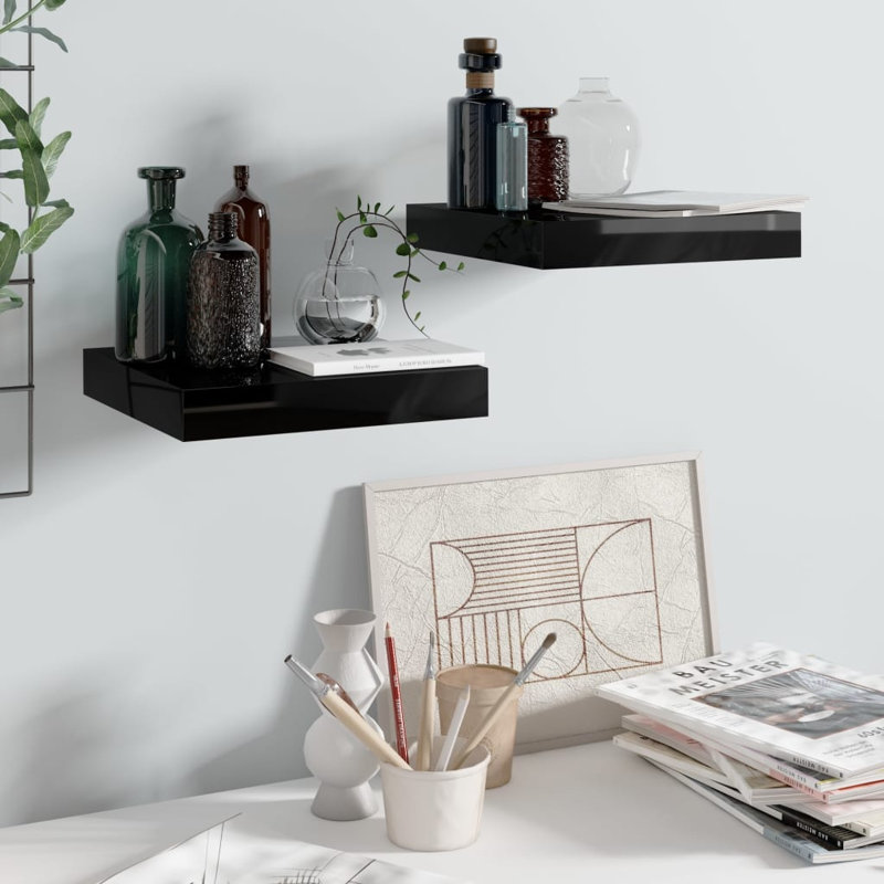 Arson 2 Piece Floating Shelf, High Gloss Black, 3.8cm H x 23.5cm W x 23cm D