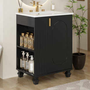 Meuble-lavabo à cadre en bois massif 24 po avec lavabo simple et tablettes latérales ouvertes