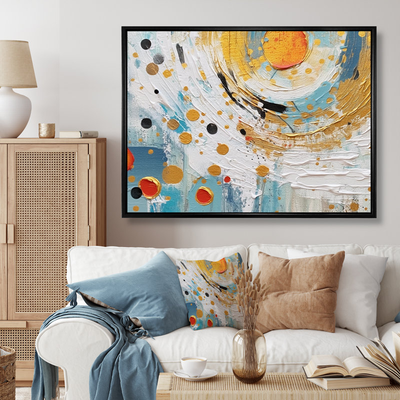Combinaison abstraite sarcelle blanche et dorée III sur toile, Cadre flottant noir, H 16 po x l 32 po x P 1 po
