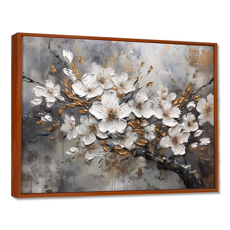 Harmonie I de cerisier blanc et gris - art mural floral pour le salon, H 30 po x l 40 po x P 1,5 po, Cadre flottant brun