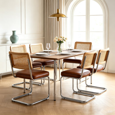Set of 6 Mid‑Century Modern Cane Rattan Dining Side Chairs, Cantilever Chrome Metal Frame, Solid Wood Rattan Back, Faux Leather Padded Seat, Armless Accent Chairs for Kitchen, Dining Room, Cafe, Brown