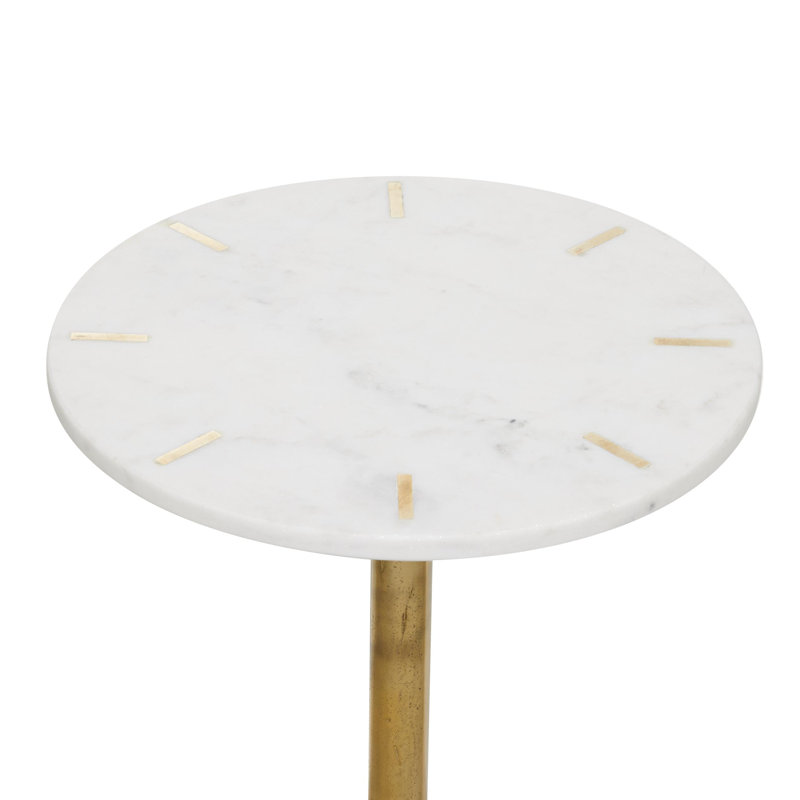 White Marble Side End Accent Table with Gold Inlay and Scrolled Base, 18" x 18" x 25", 27" H x 14.5 x 14.5" D