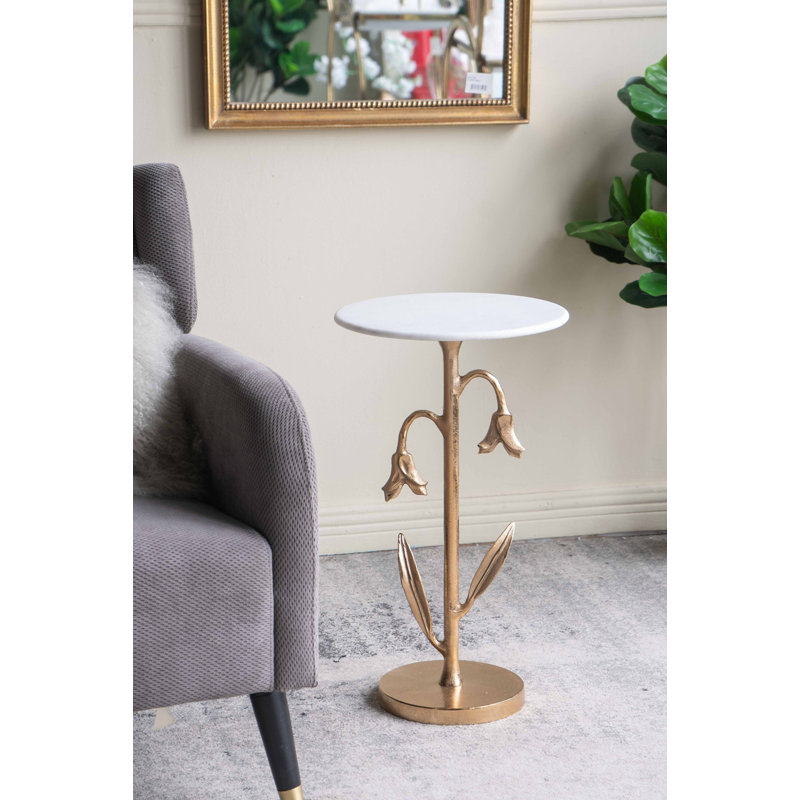 Table d'appoint tulipe dorée 14 x 14 x 24 po avec plateau en marbre blanc