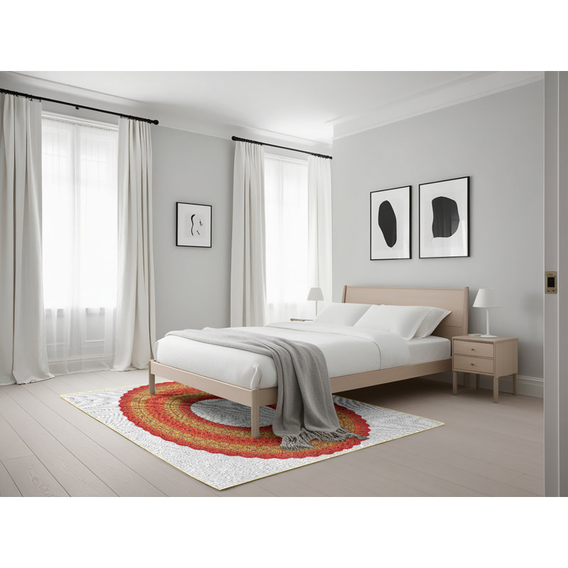 Tapis rouge/jaune/gris à motifs, Rectangle 5 pi x 7 pi