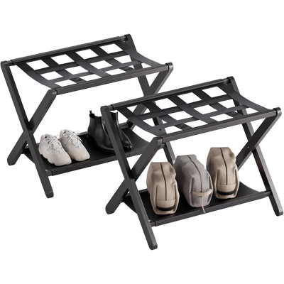 Luggage Rack for Guest Room, Pack of 2, Suitcase Stand Folding Bedroom, Bamboo Hotel Luggage Holder with Fabric Storage Shelf and Nylon Straps, Black