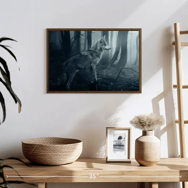 Loup gris, 19 po x 13 po, Cadre flottant noyer