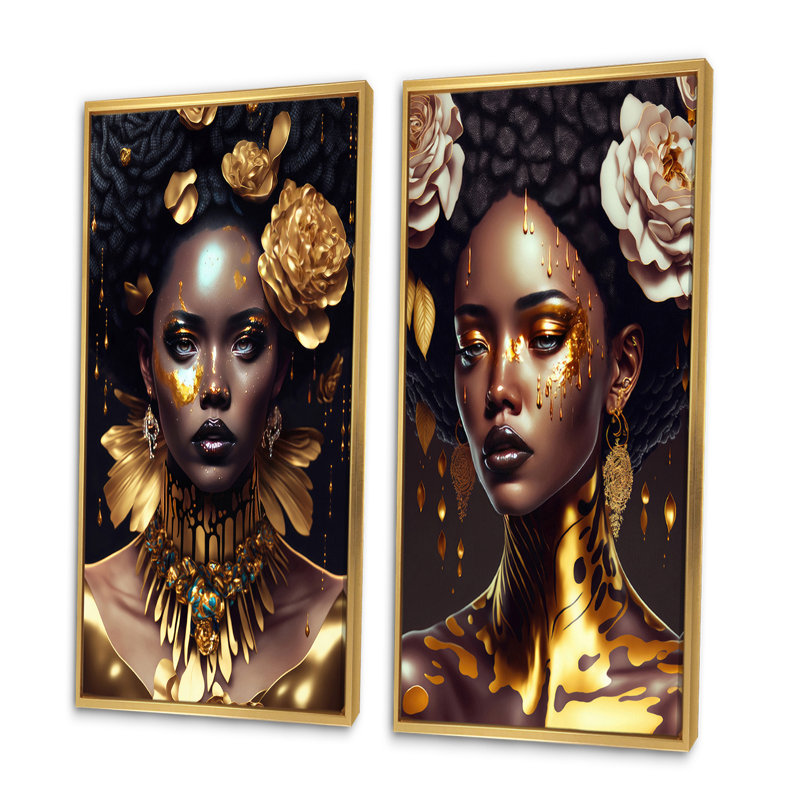 «Gold and Black Floral Woman VI», 2 pièces sur toile, Encadrement doré, H 20 po x l 24 po