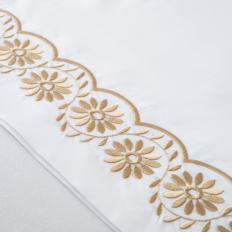 Resort Collection Embroidered Cotton Pillowcases, Floral Ethnic Design, Set of 2, 20"x30", Gold