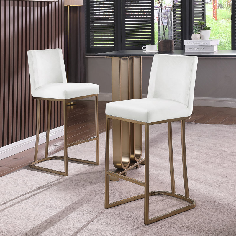 Bar Stools Set of 2 Counter Height 26" Bar Stools with Back, Velvet Kitchen Stools, White