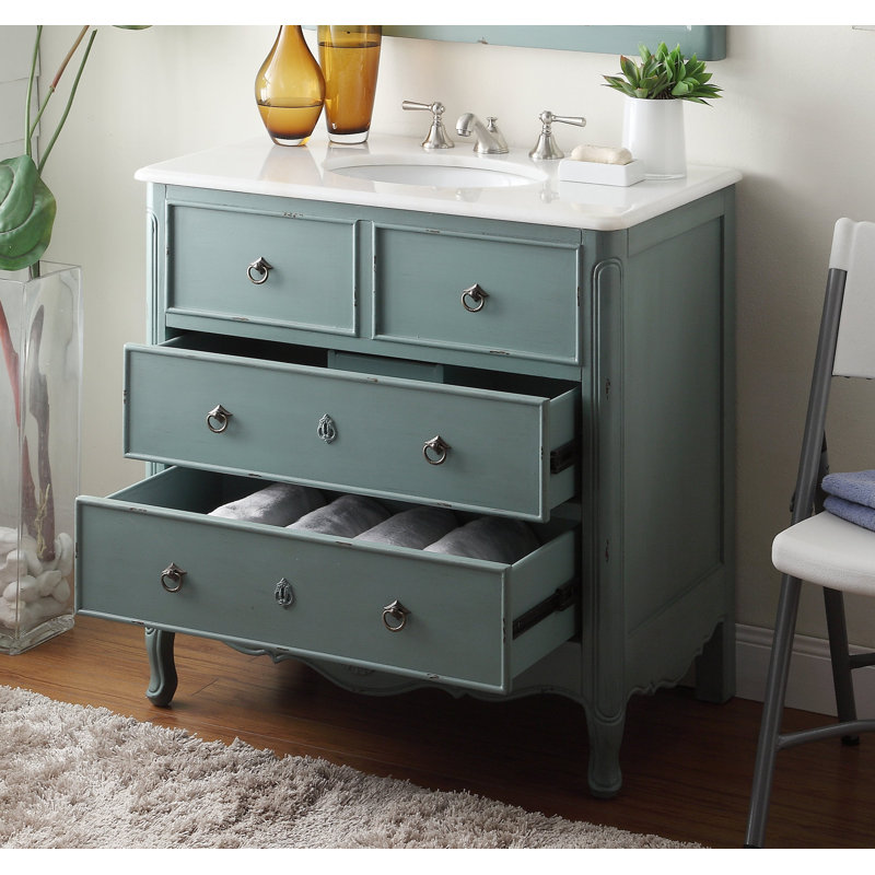 Ensemble de meuble-lavabo simple 34 po avec miroir Nallely, Bleu rétro vieilli