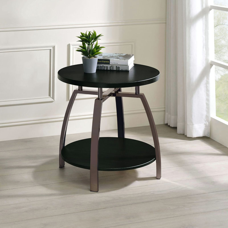 Contemporary Dark Grey Coffee Table With Black Nickel, Metal Base & Center Shelf, 23 Inches, Home Furnishing Accessory Modern Gray And Nickel End Table, Functional 23x23x23 Living Room